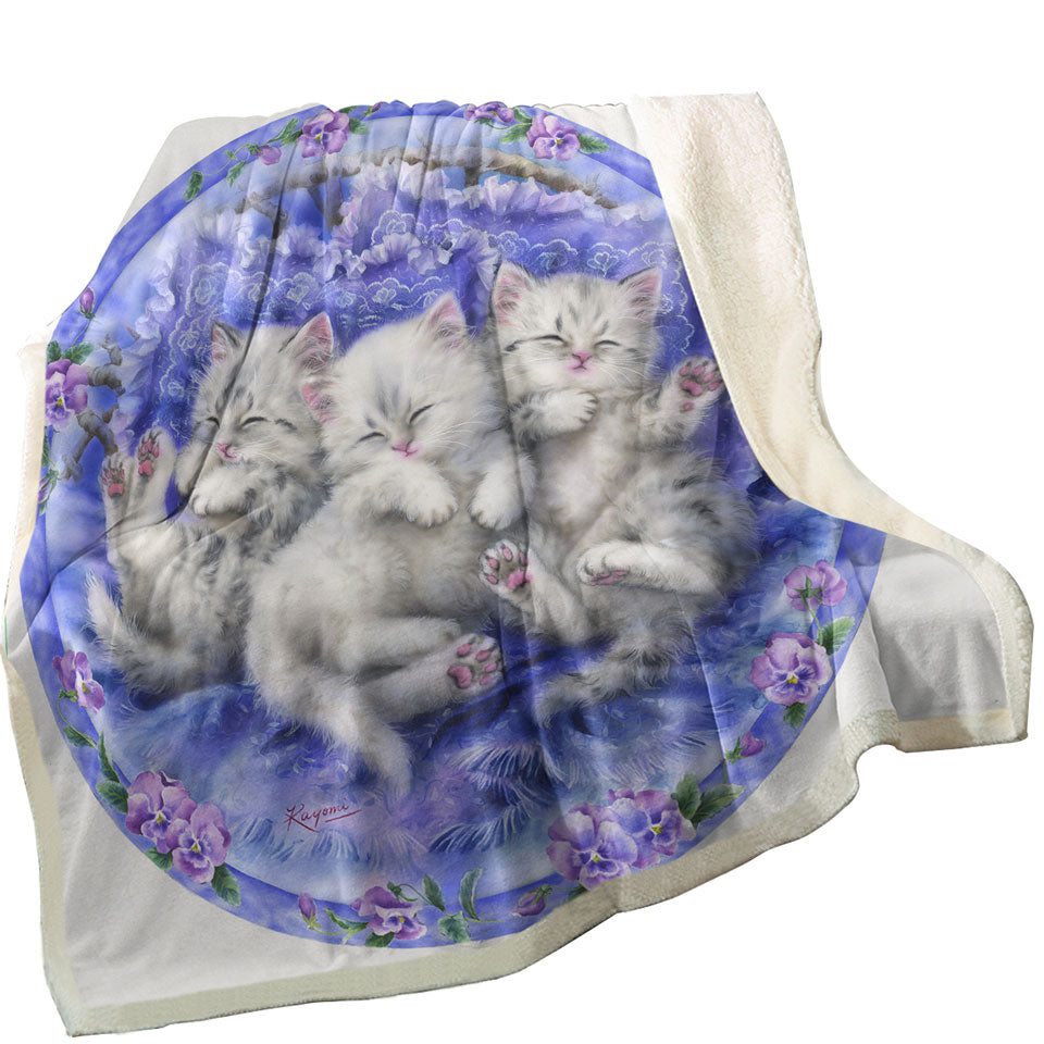 Adorable Cute Three White Kittens on Purple Sherpa Blanket