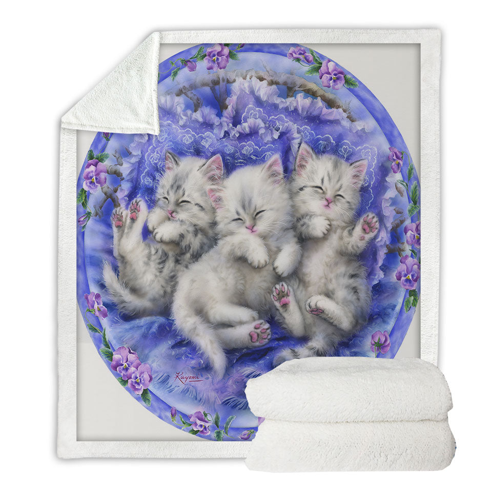 Adorable Cute Three White Kittens on Purple Throw Blanket