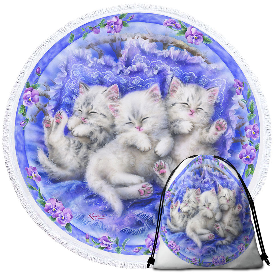 Adorable Cute Three White Kittens on Purple Unique Beach Towels