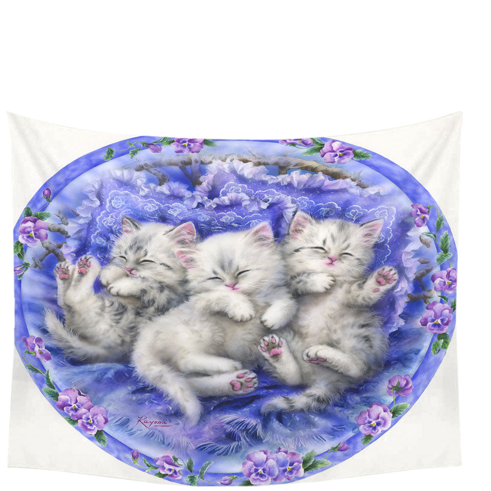 Adorable Cute Three White Kittens on Purple Wall Decor
