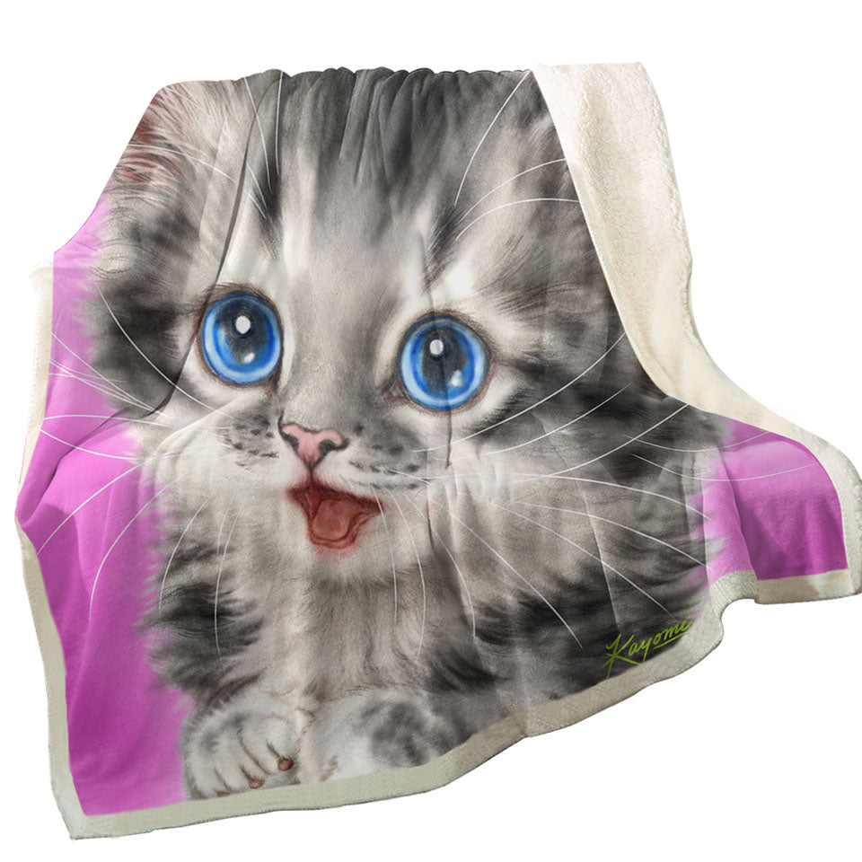 Adorable Fleece Blankets Painted Cats Baby Blue Eyes Grey Kitty