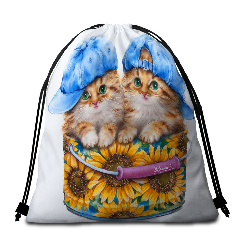 Adorable Funny Kittens Sunflower Bucket Beach Towel Bags