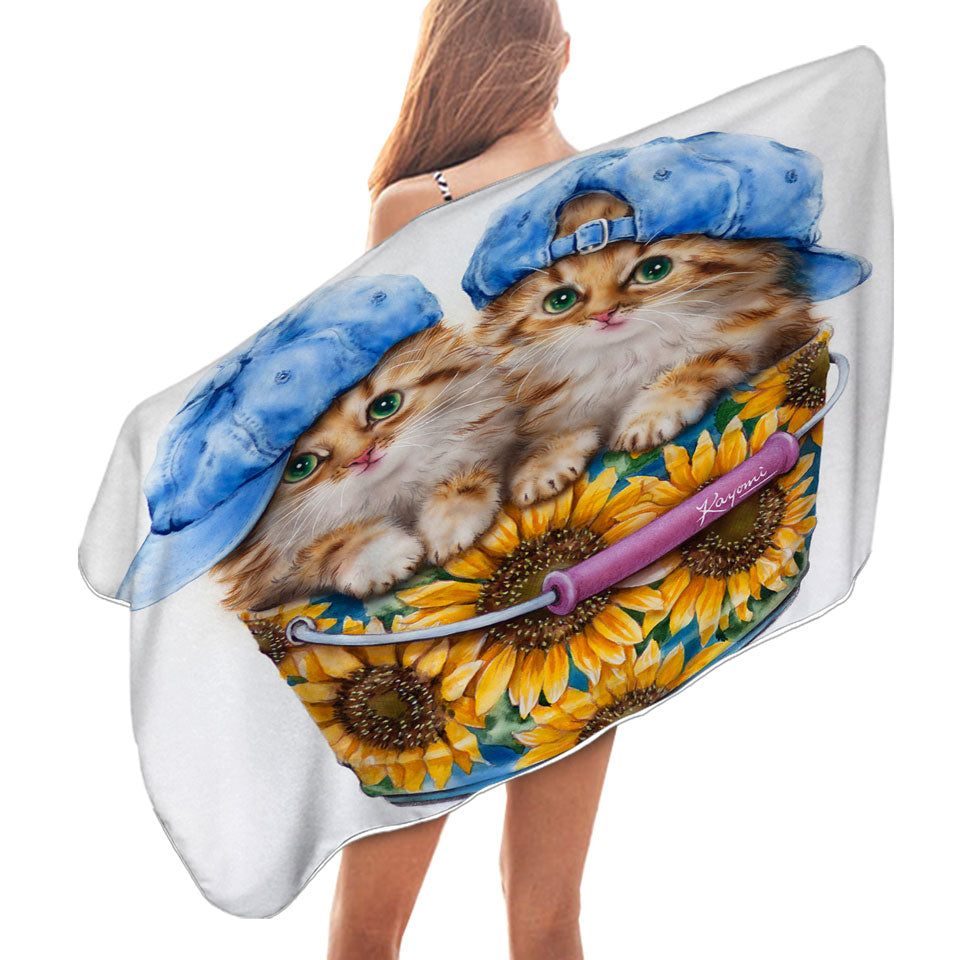 Adorable Funny Kittens Sunflower Bucket Beach Towels