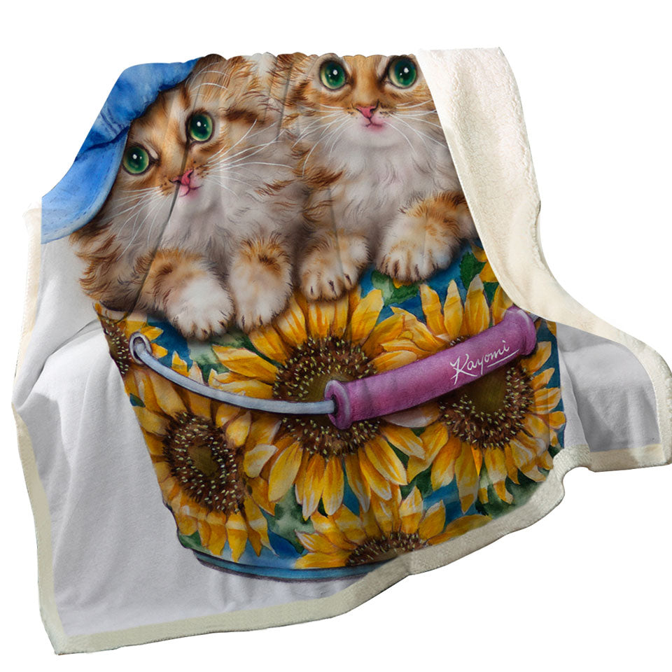 Adorable Funny Kittens Sunflower Bucket Fleece Blankets