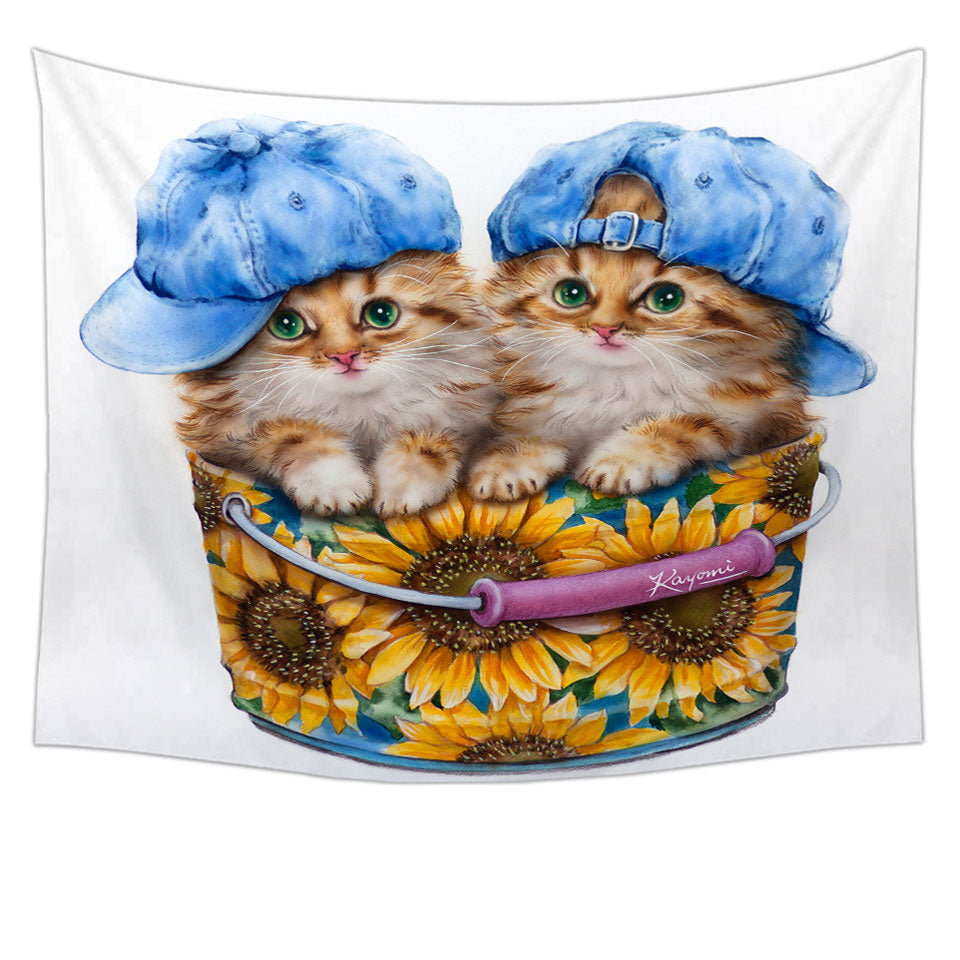 Adorable Funny Kittens Sunflower Bucket Tapestry