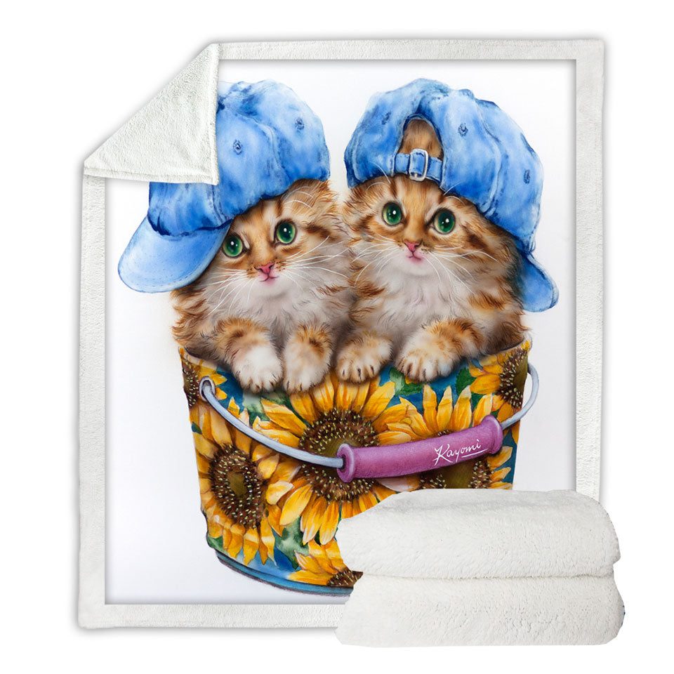 Adorable Funny Kittens Sunflower Bucket Throw Blanket