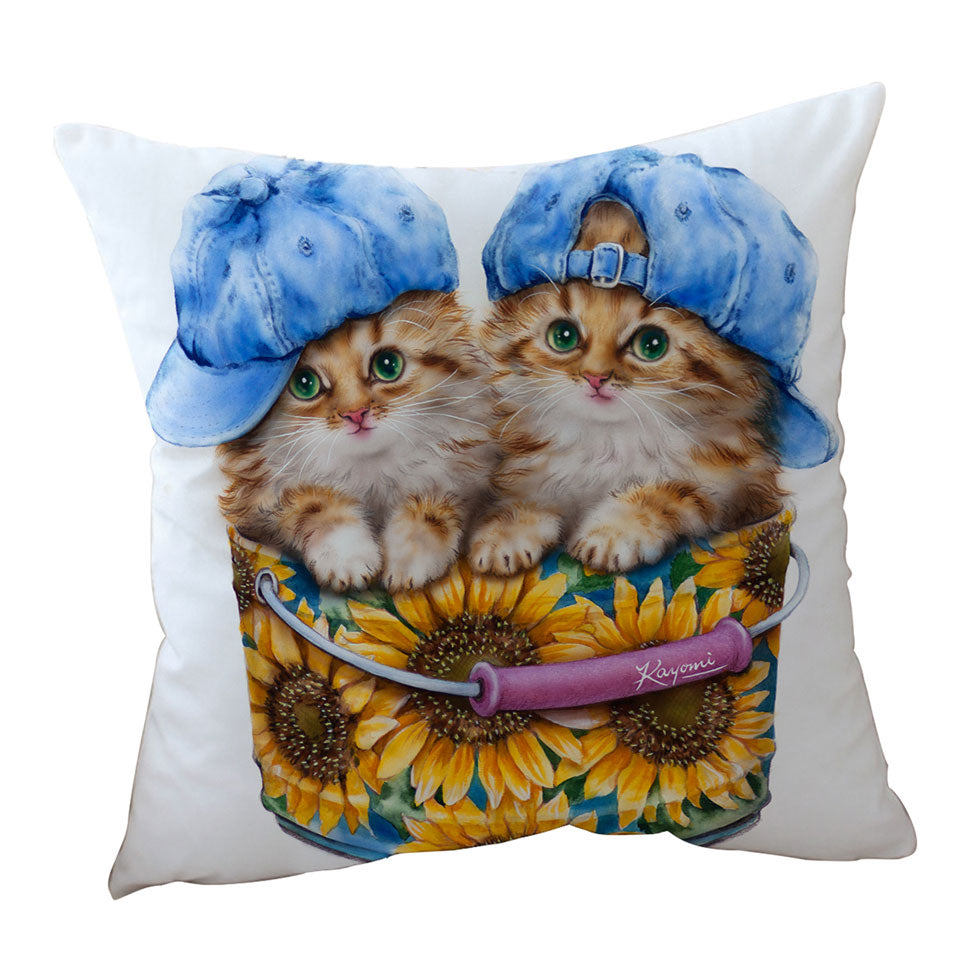 Adorable Funny Kittens Sunflower Bucket Throw Pillow