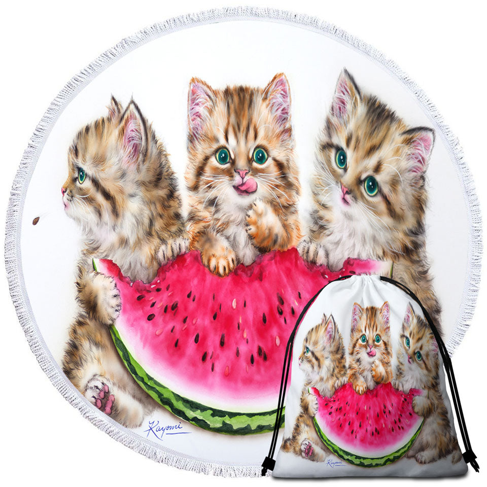 Adorable Funny Kittens Watermelon Round Beach Towel Summer Treat