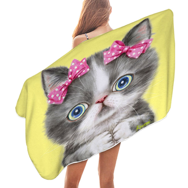 Adorable Grey White Girl Kitten Microfiber Beach Towel