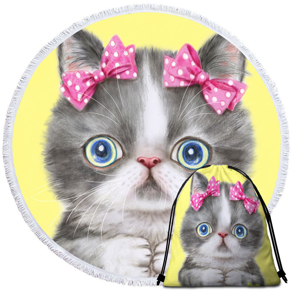 Adorable Grey White Girl Kitten Round Beach Towel