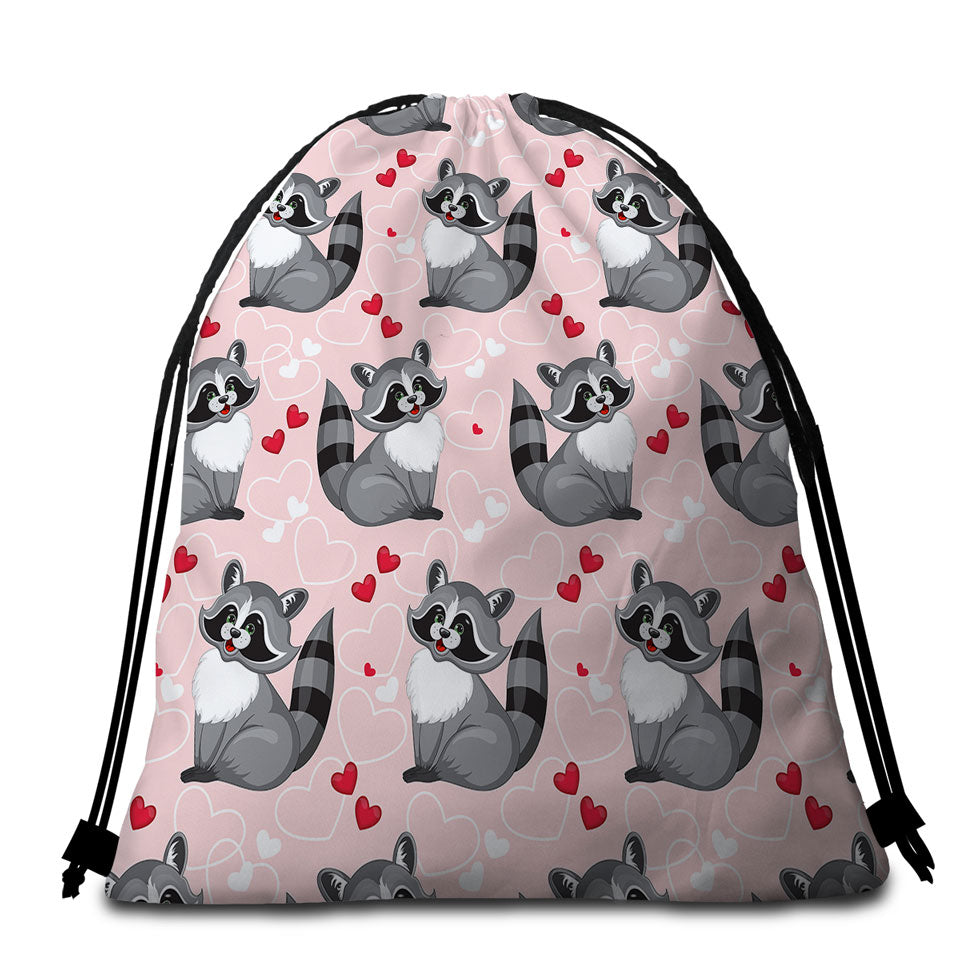 Adorable Heart Loving Raccoon Beach Towel Bags