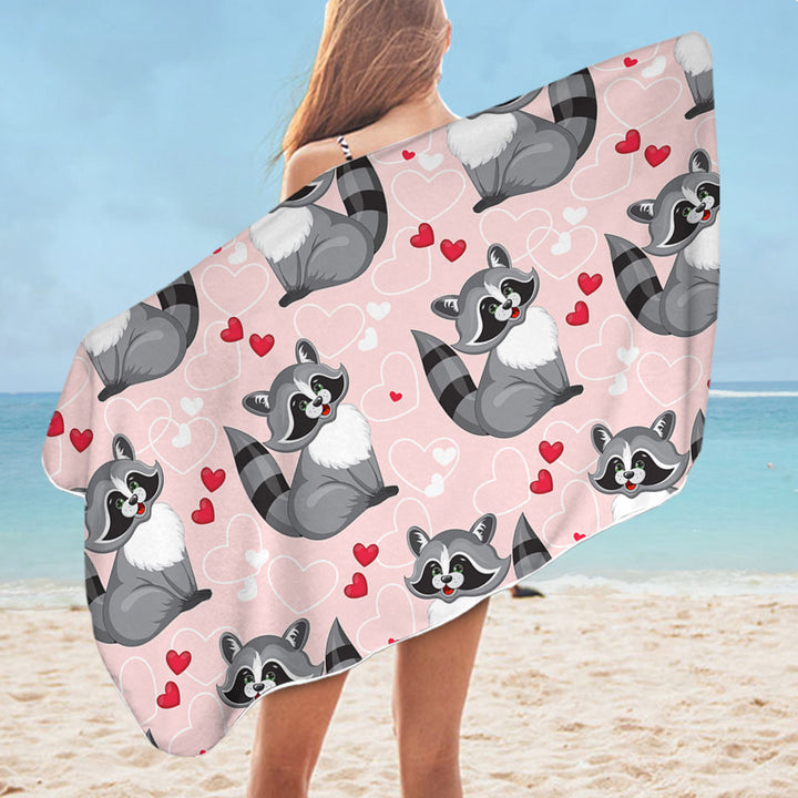Adorable Heart Loving Raccoon Beach Towel