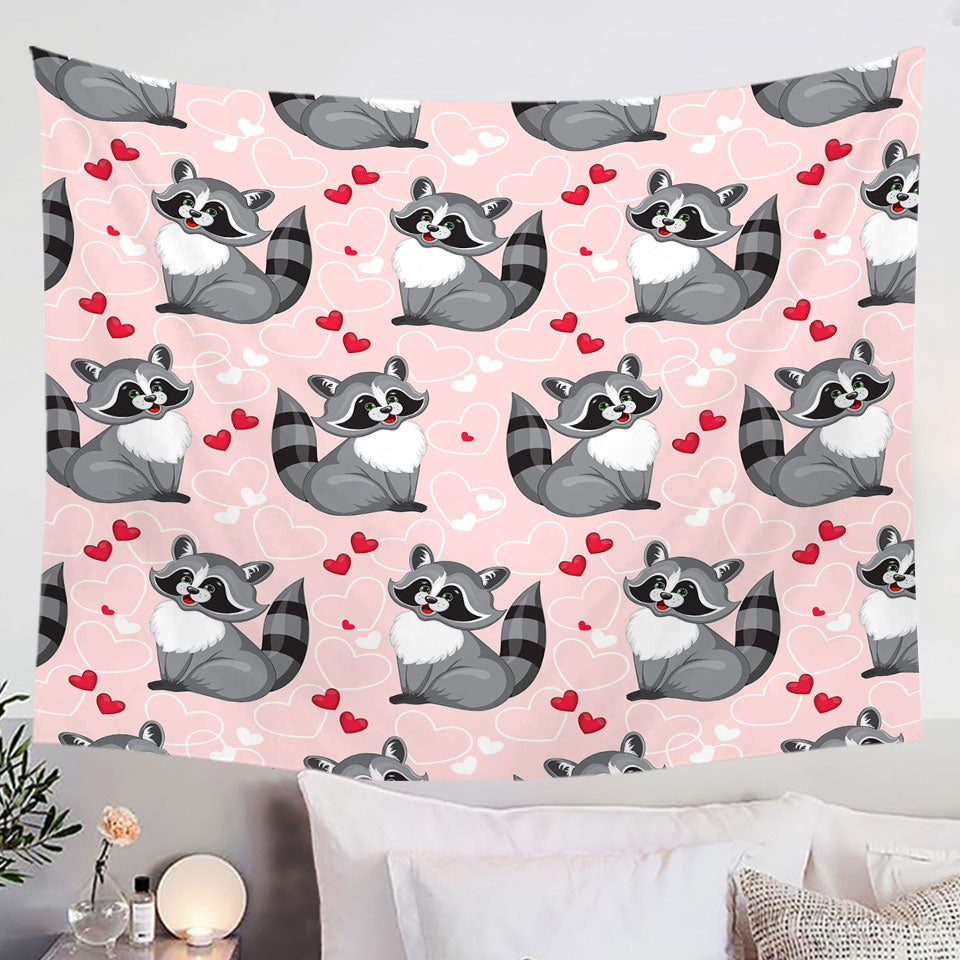 Adorable Heart Loving Raccoon Wall Decor Tapestry