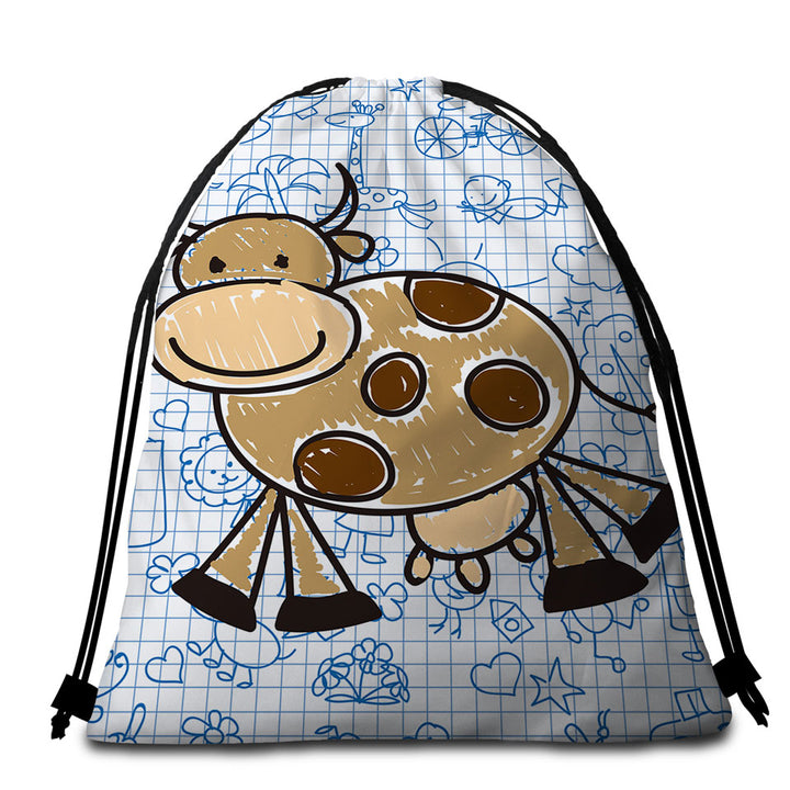 Adorable Kids Beach Towel Bags Drawing of a Cow