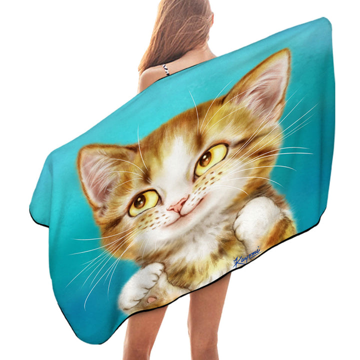 Adorable Kids Beach Towels Smiling Tiger Tabby Kitty Cat