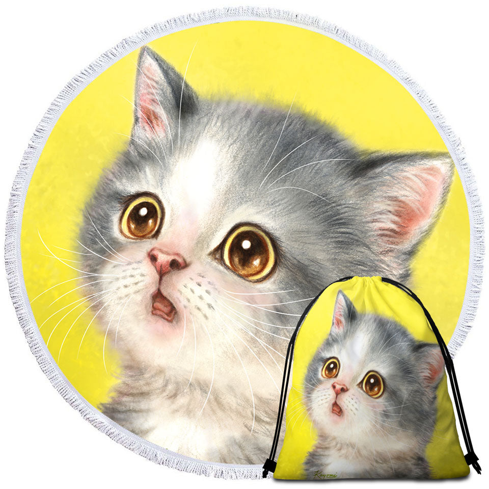 Adorable Kids Beach Towels Staring Grey Kitty Cat