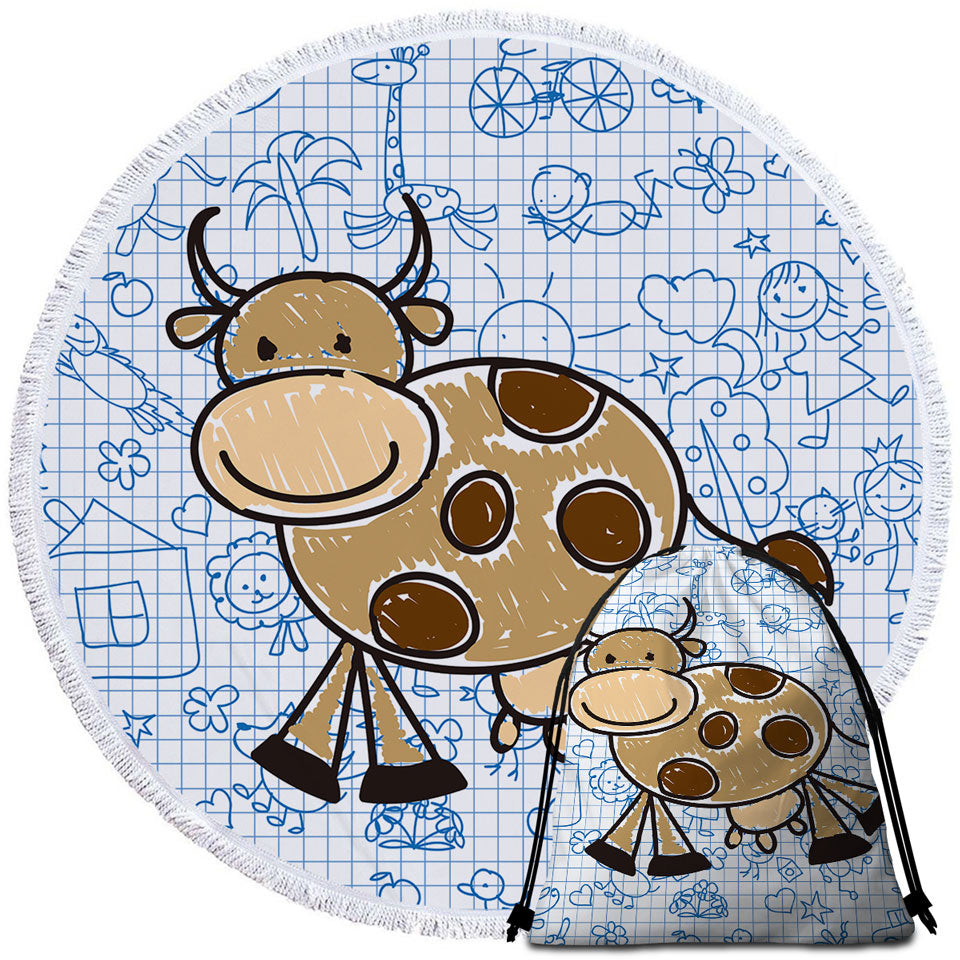 Adorable Kids Beach Towels and Bags Set Drawing of a Cow