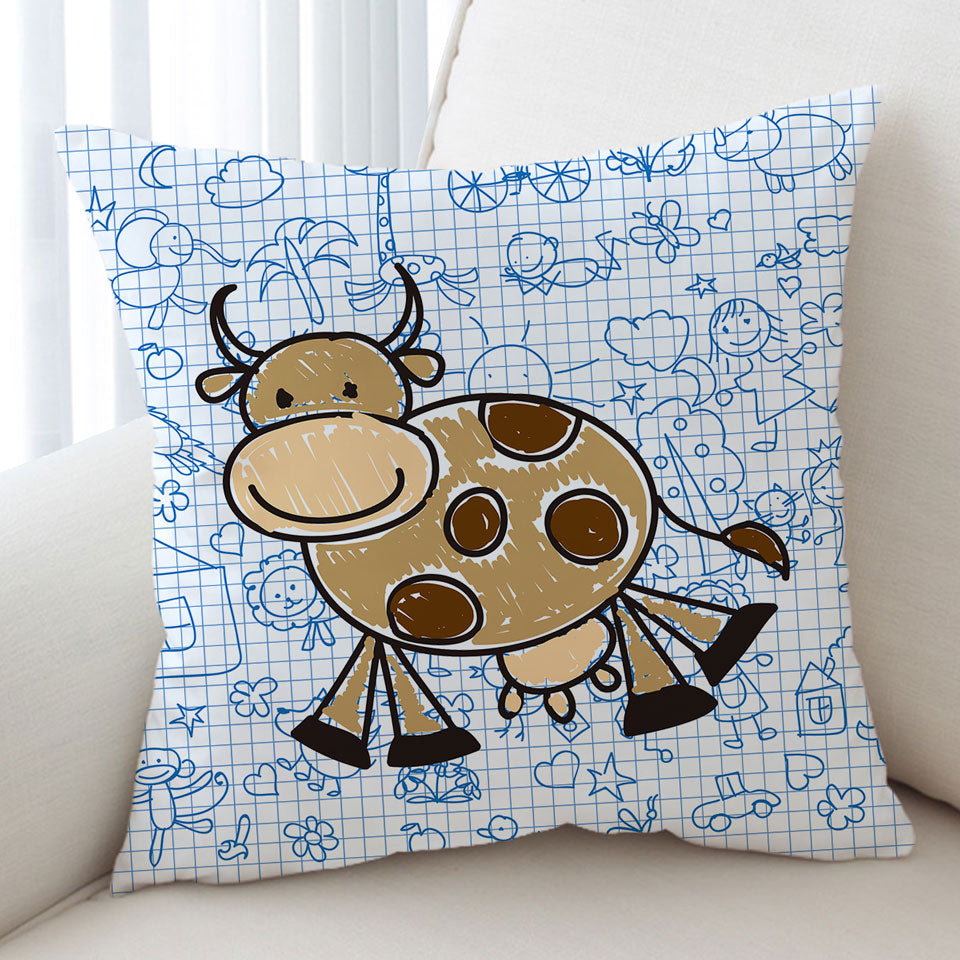 Adorable Kids Cushion Cover Drawing of a Cow