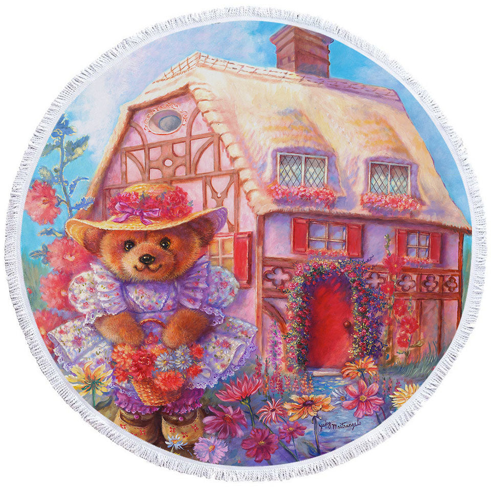Adorable Kids Round Beach Towel Vintage Art Painting the Little Bear House