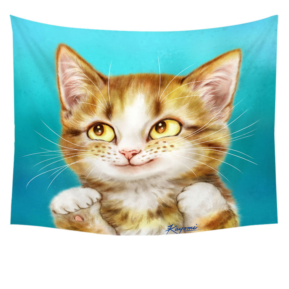 Adorable Kids Tapestry Wall Decor Smiling Tiger Tabby Kitty Cat