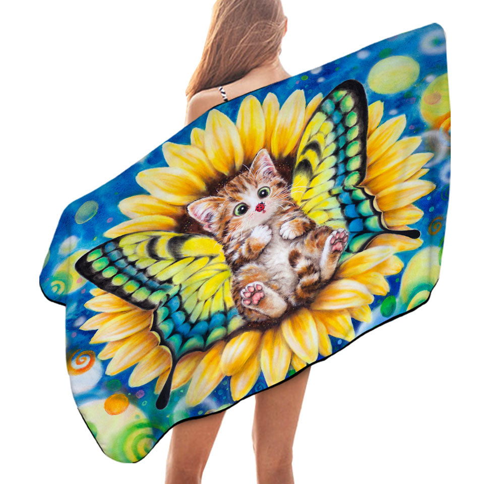 Adorable Kittens Beach Towels for Kids Sunflower Fairy Cat