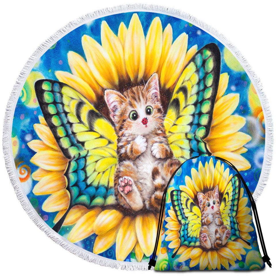 Adorable Kittens Circle beach Towel for Kids Sunflower Fairy Cat
