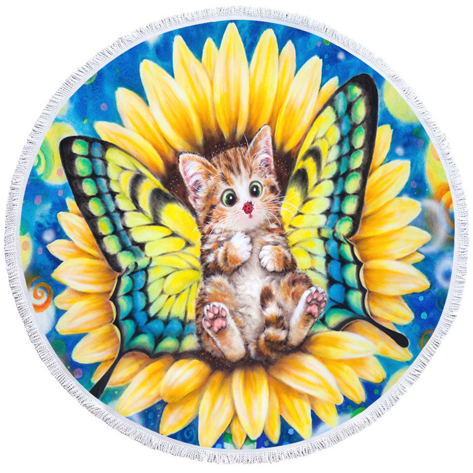 Adorable Kittens Round Beach Towel for Kids Sunflower Fairy Cat