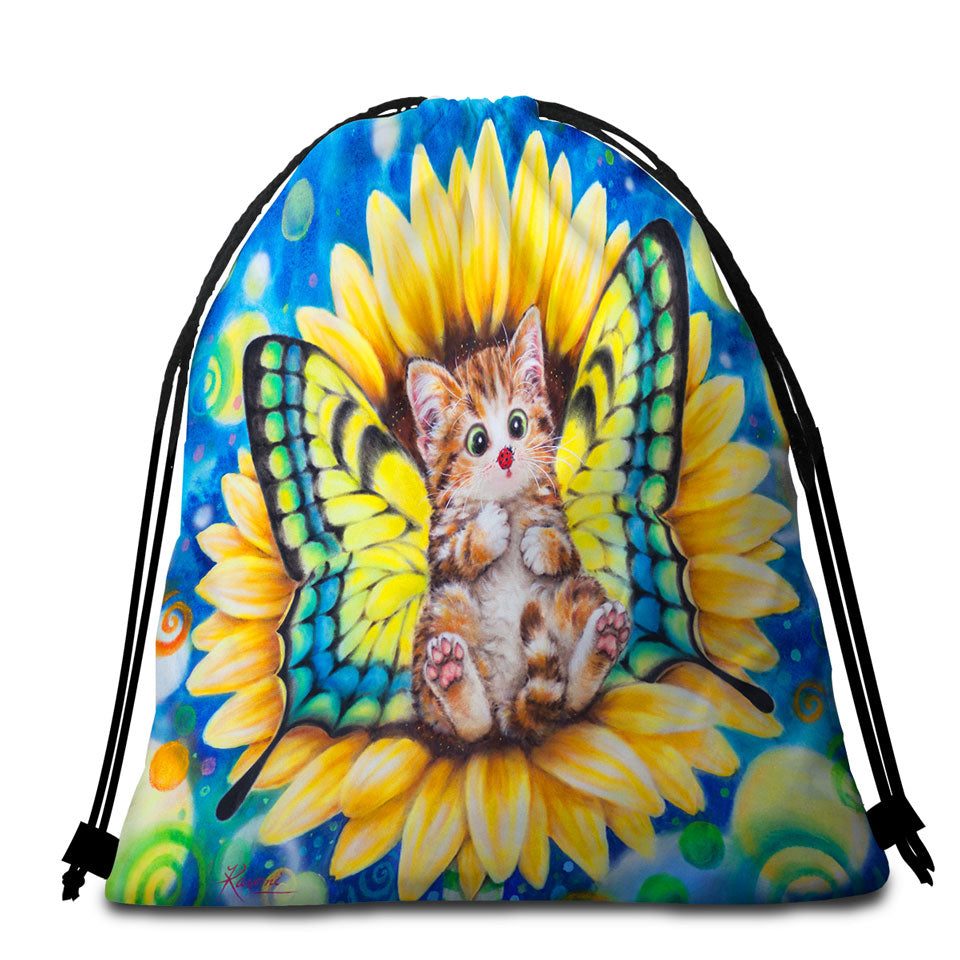 Adorable Kittens Travel Beach Towel for Kids Sunflower Fairy Cat