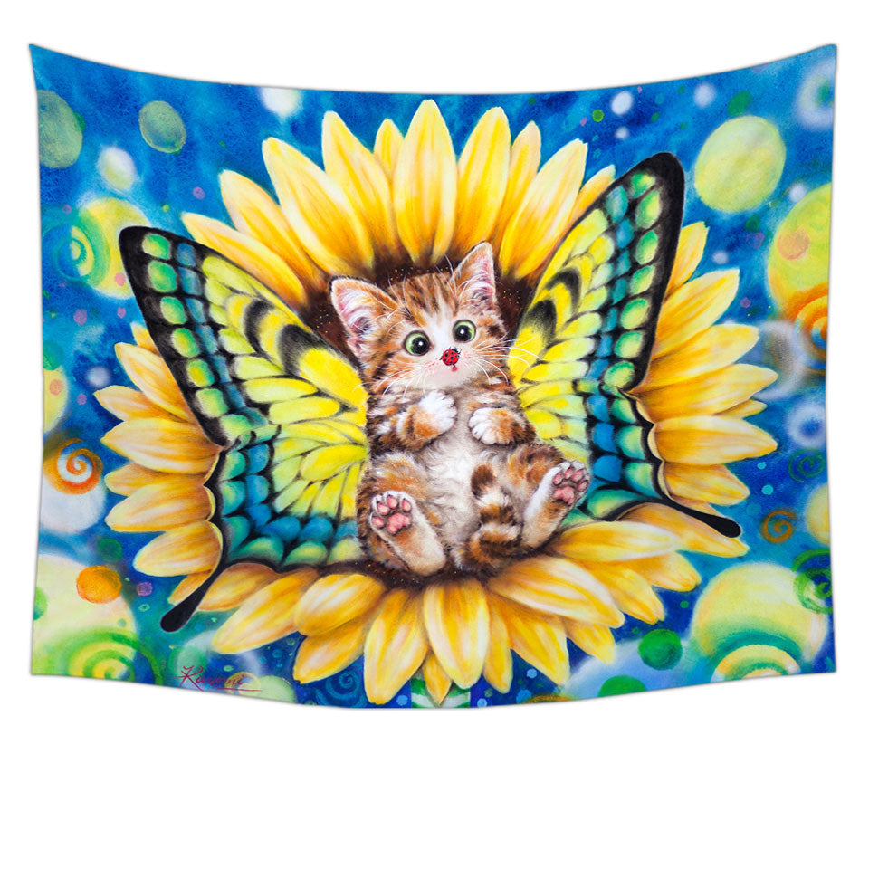 Adorable Kittens Wall Decor for Kids Sunflower Fairy Cat Tapestry