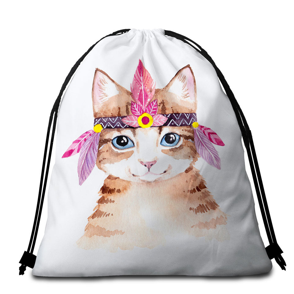 Adorable Native American Kitten Beach Towel Bags