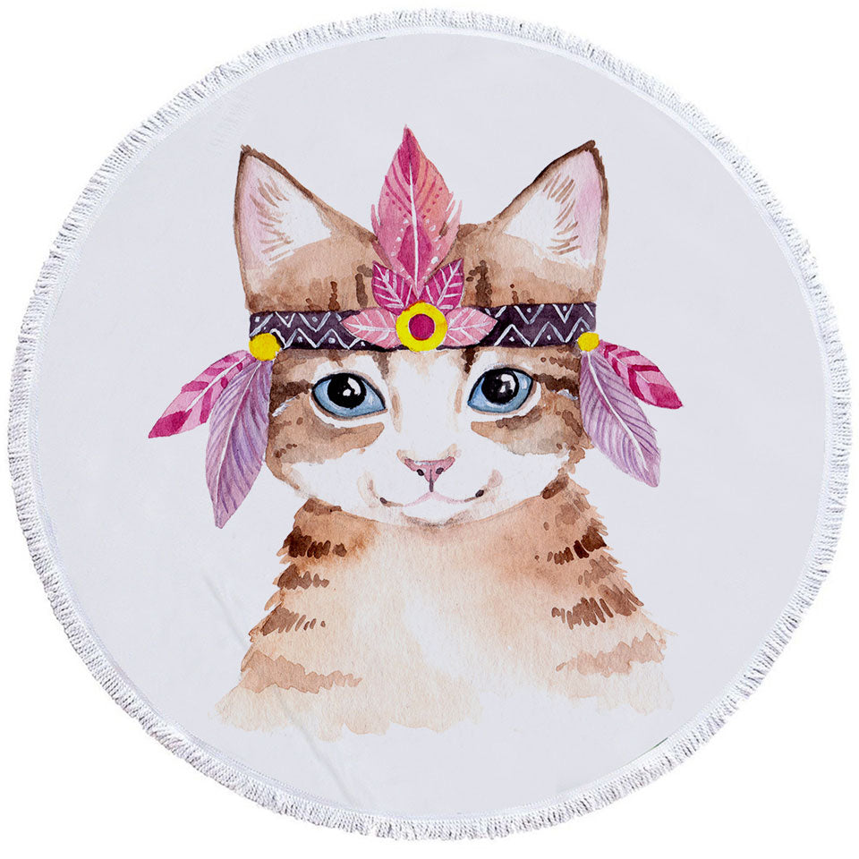 Adorable Native American Kitten Round Beach Towel for Kids