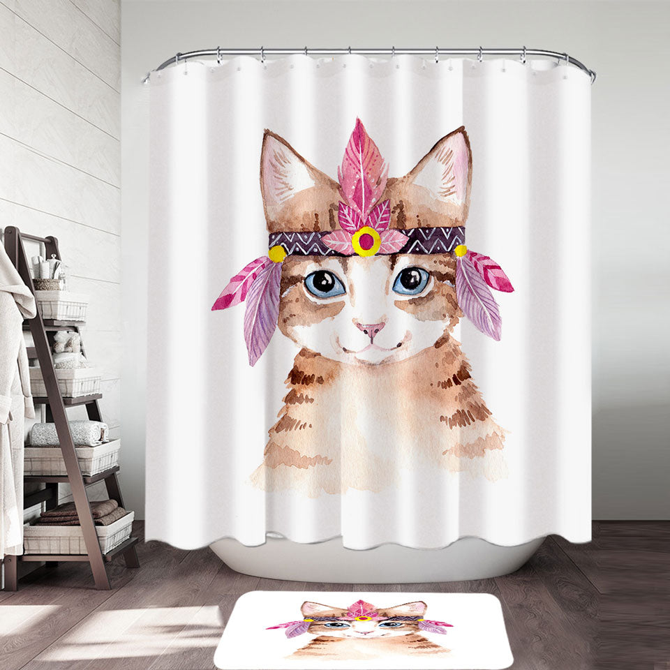 Adorable Native American Kitten Shower Curtain for Kids Bathroom