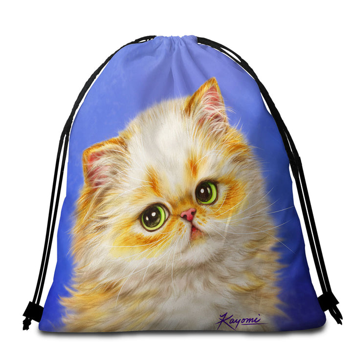 Adorable Packable Beach Towel with Ginger Kitten over Purple