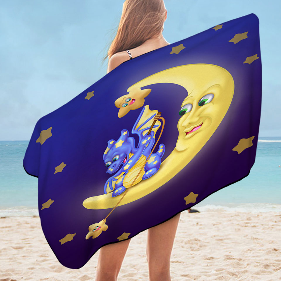 Adorable Pool Towels for Kids Baby Dragon on the Moon