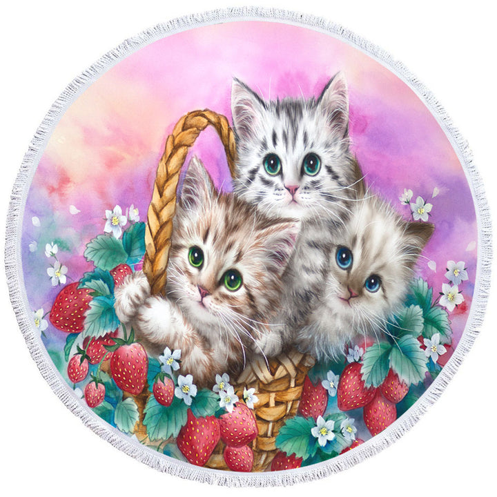 Adorable Round Beach Towel Strawberry Basket with Kittens