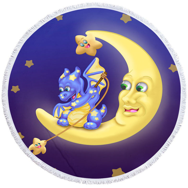 Adorable Round Beach Towel for Kids Baby Dragon on the Moon