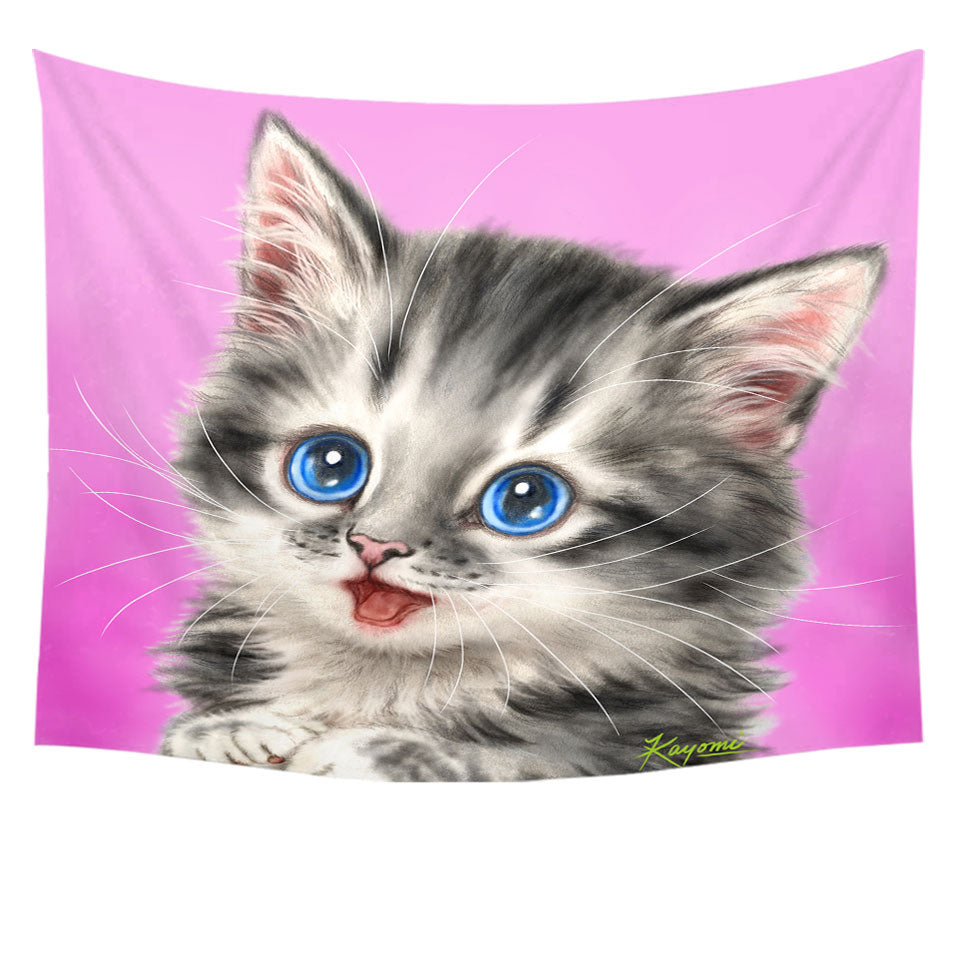 Adorable Tapestry Wall Decor Painted Cats Baby Blue Eyes Grey Kitty