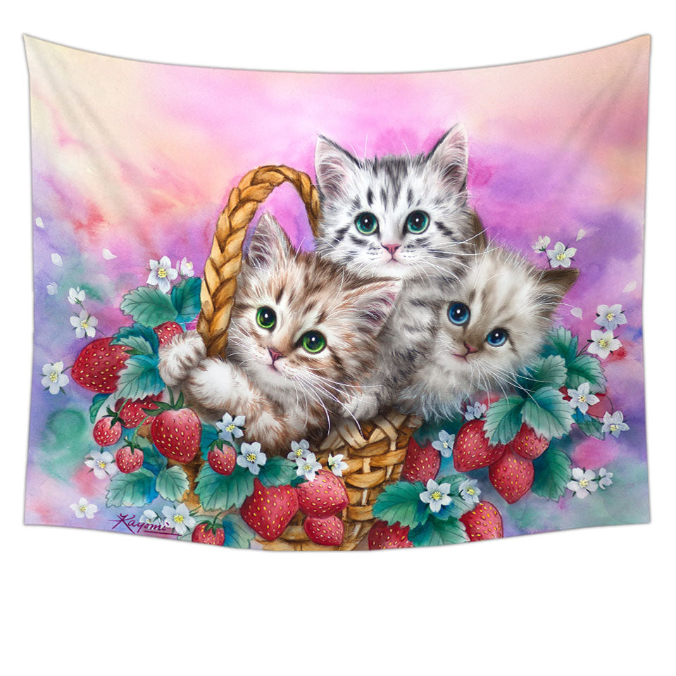 Adorable Tapestry Wall Decor Strawberry Basket with Kittens
