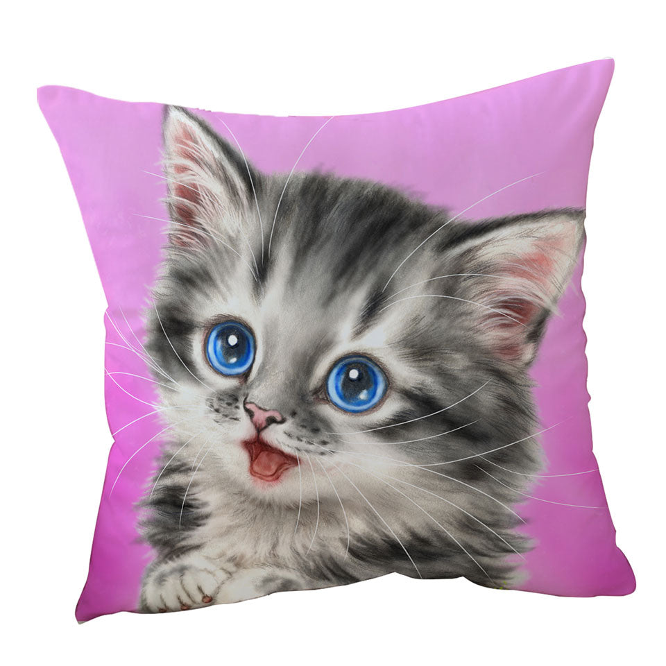 Adorable Throw Cushions Painted Cats Baby Blue Eyes Grey Kitty