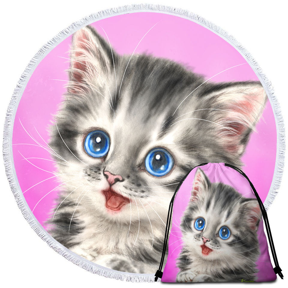 Adorable Travel Beach Towel Painted Cats Baby Blue Eyes Grey Kitty