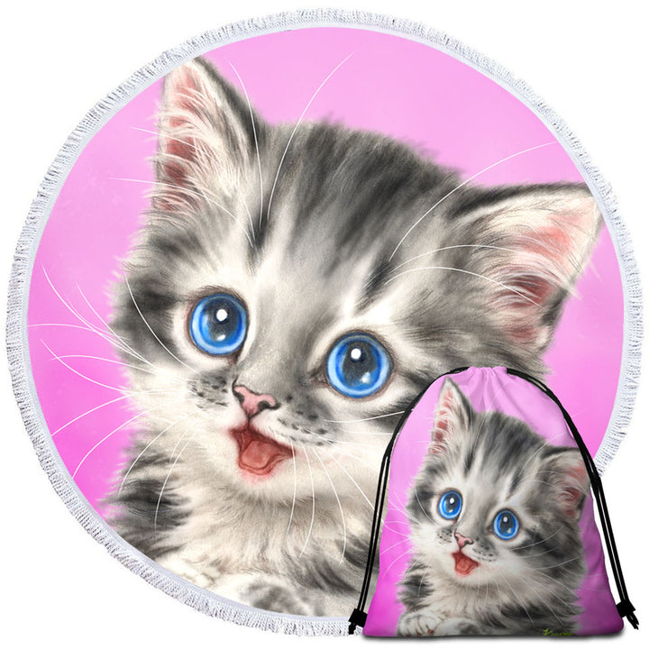 Adorable Travel Beach Towel Painted Cats Baby Blue Eyes Grey Kitty