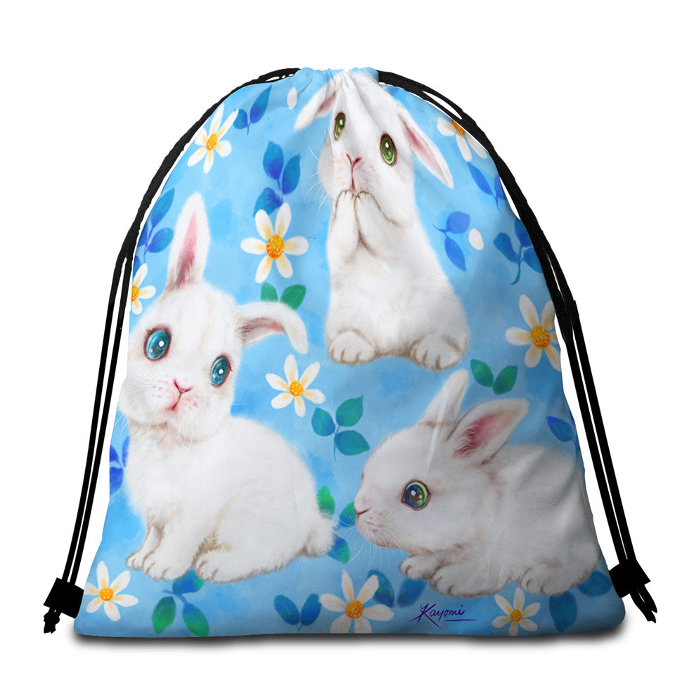 Adorable White Bunnies and Flowers Beach Towel Bags for Kids