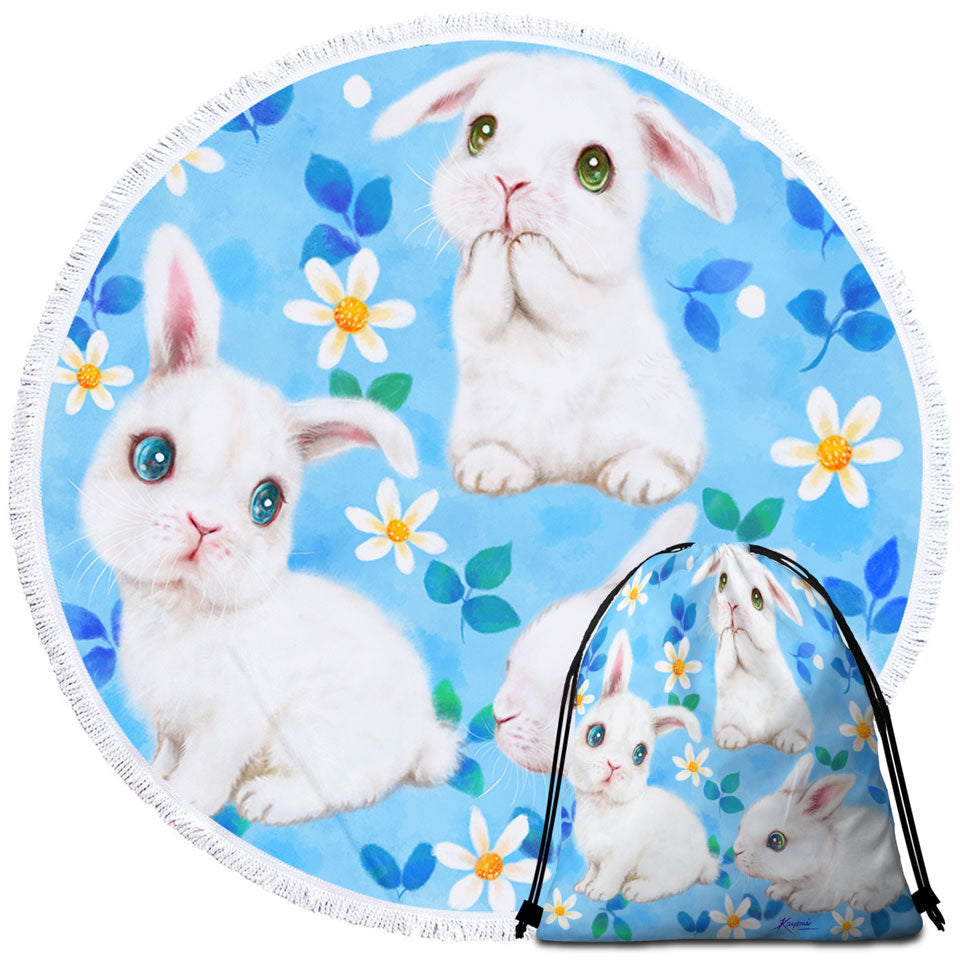 Adorable White Bunnies and Flowers Beach Towels and Bags Set for Kids