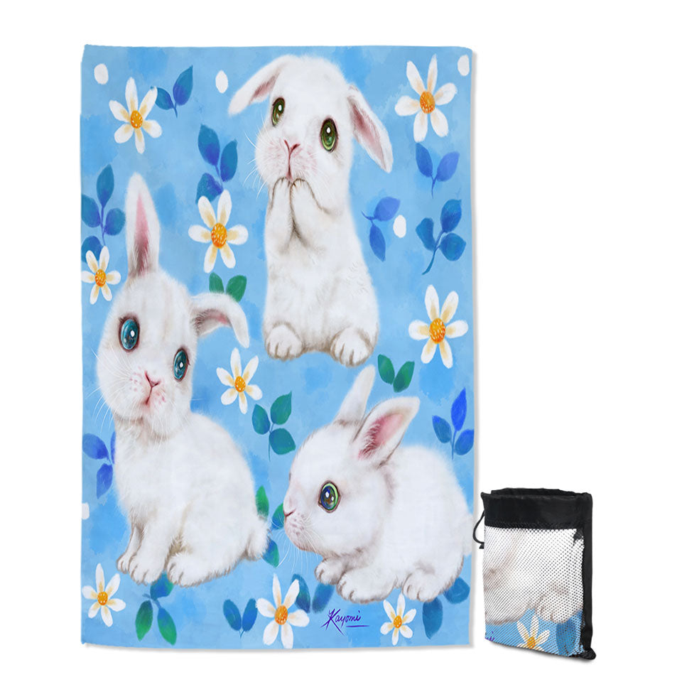Adorable White Bunnies and Flowers Beach Towels for Kids