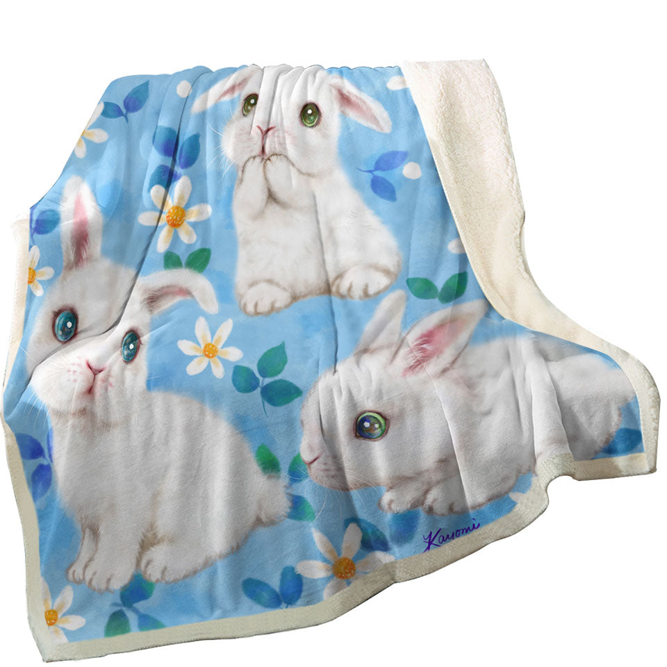 Adorable White Bunnies and Flowers Blankets for Kids