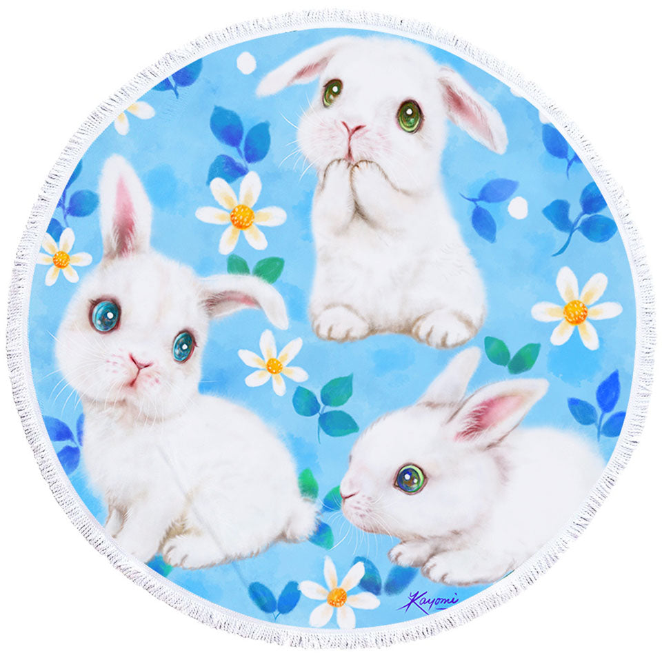 Adorable White Bunnies and Flowers Circle Beach Towel for Kids
