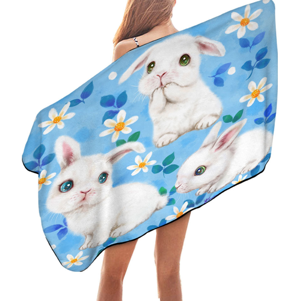 Adorable White Bunnies and Flowers Pool Towels for Kids