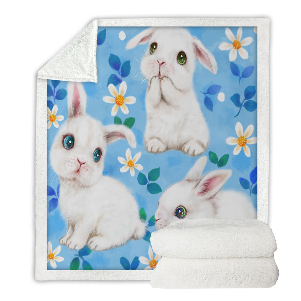 Adorable White Bunnies and Flowers Sherpa Throws for Kids