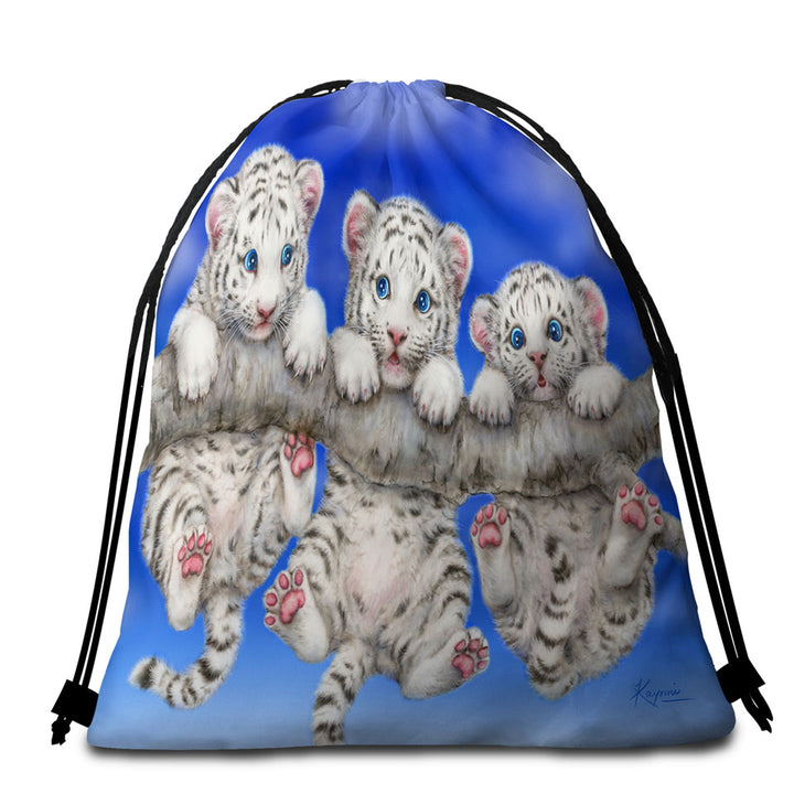 Adorable White Tiger Triplets Cubs Beach Towel Bags