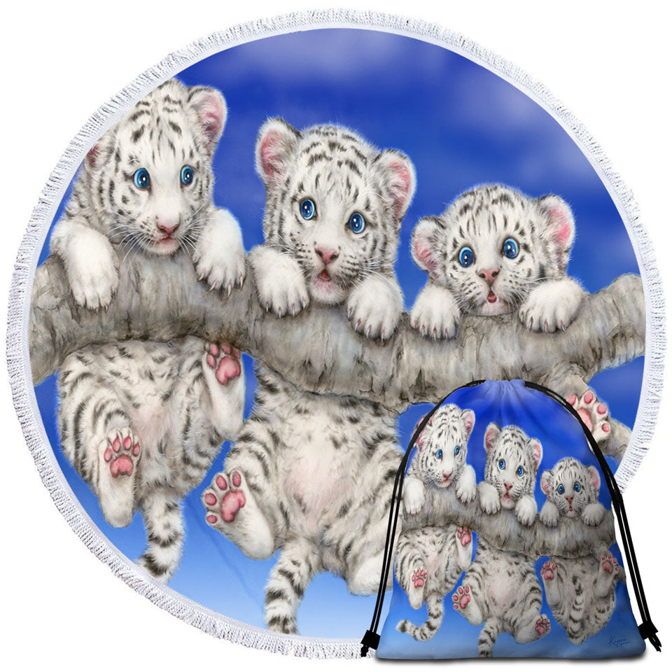 Adorable White Tiger Triplets Cubs Round Beach Towel